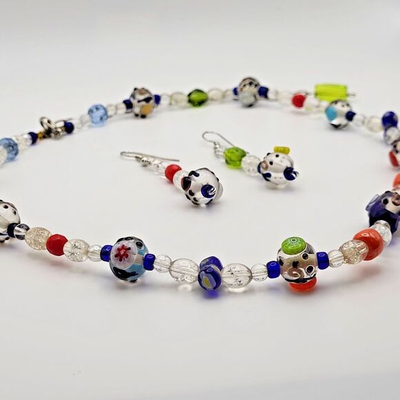 Lampwork‎ Beads and Clear Glass Handmade Beaded 18" Necklace and Earrings - Picture 2 of 4